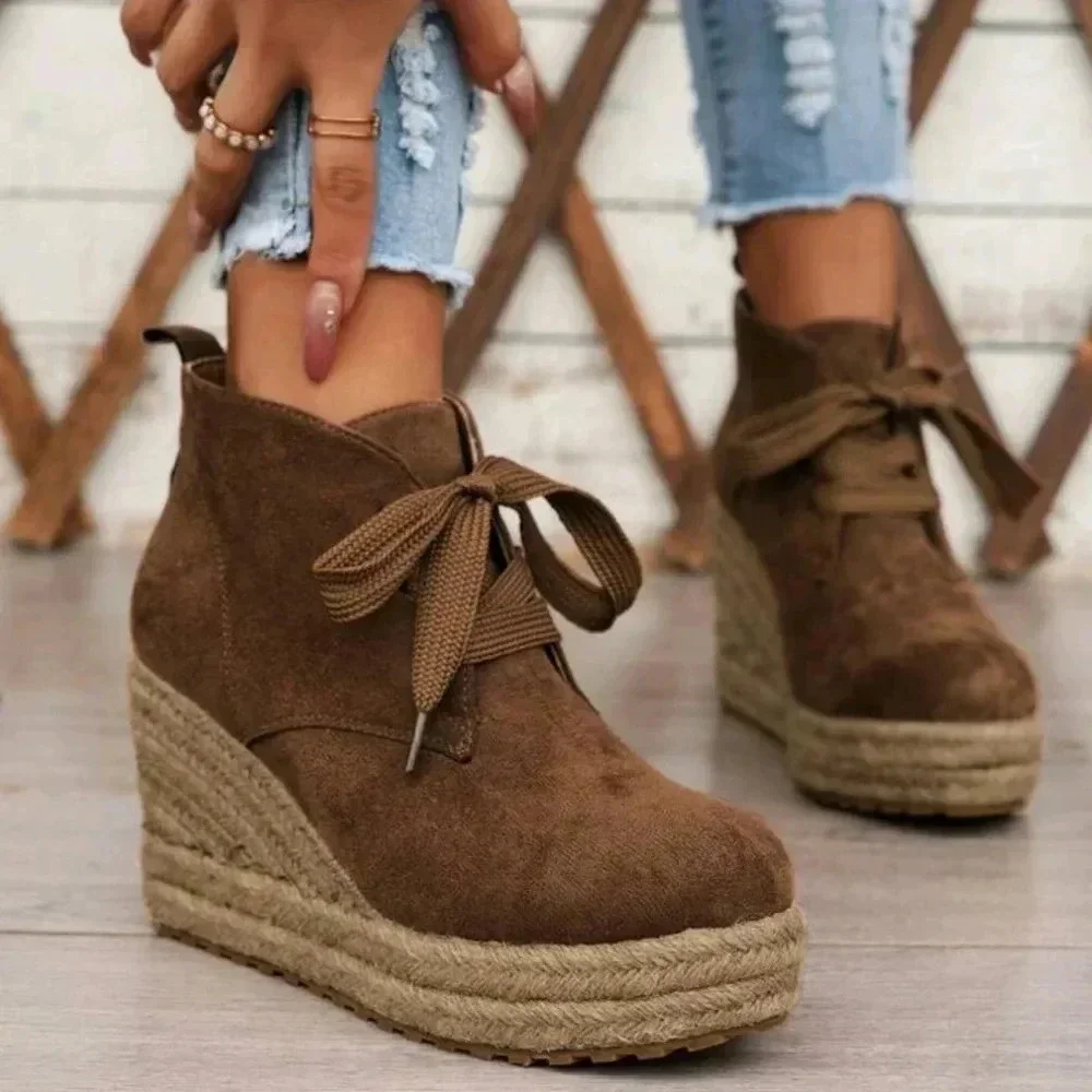 Women's Fashion Platform Boots With Solid Color Woven Shoelaces, All-Match And H - Picture 4 of 8